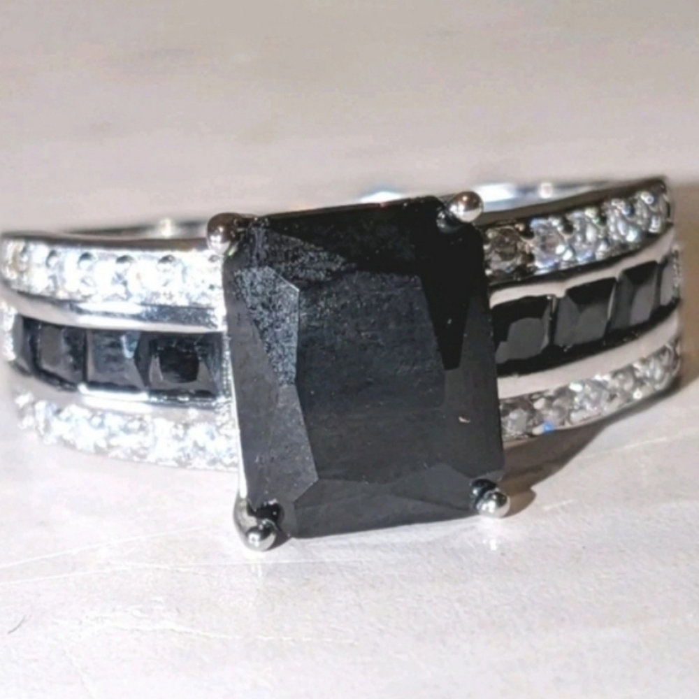 Engagement Ring 3ct Emerald Cut Lab Created Black diamond 14k White Gold Plated